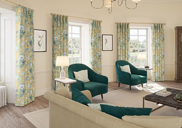 A beautiful set of white taped wooden blinds in a very bright room